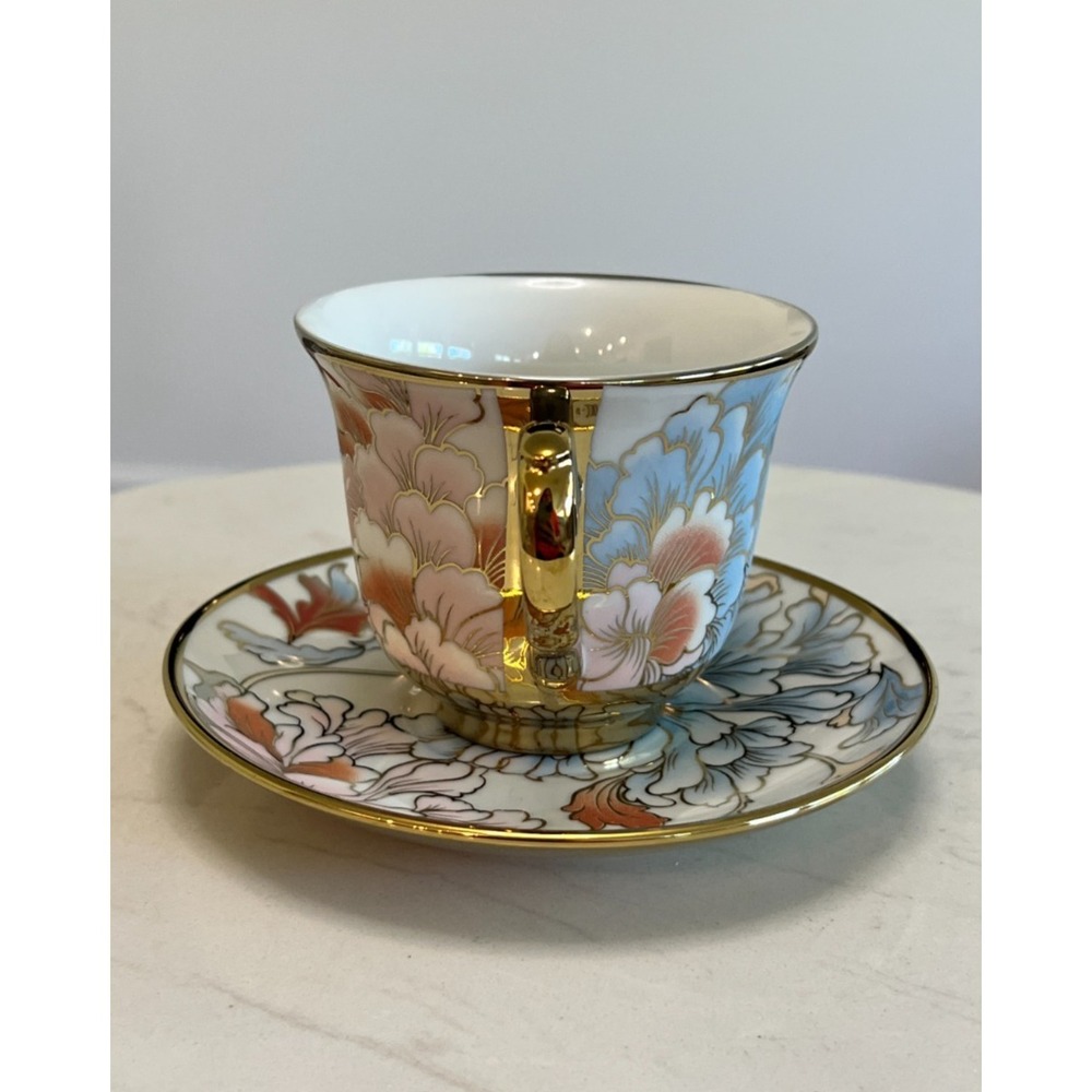 Gold Rim Peony Floral Teacup Saucer Spoon Set Fine Porcelain Cottagecore Party - Picture 6 of 14
